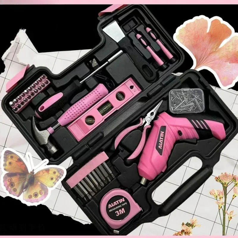 Pink Household Tool Box Set for Women with Hammer and Charging Lithium Battery Screwdriver,lady Home Repair Tools Set with Case