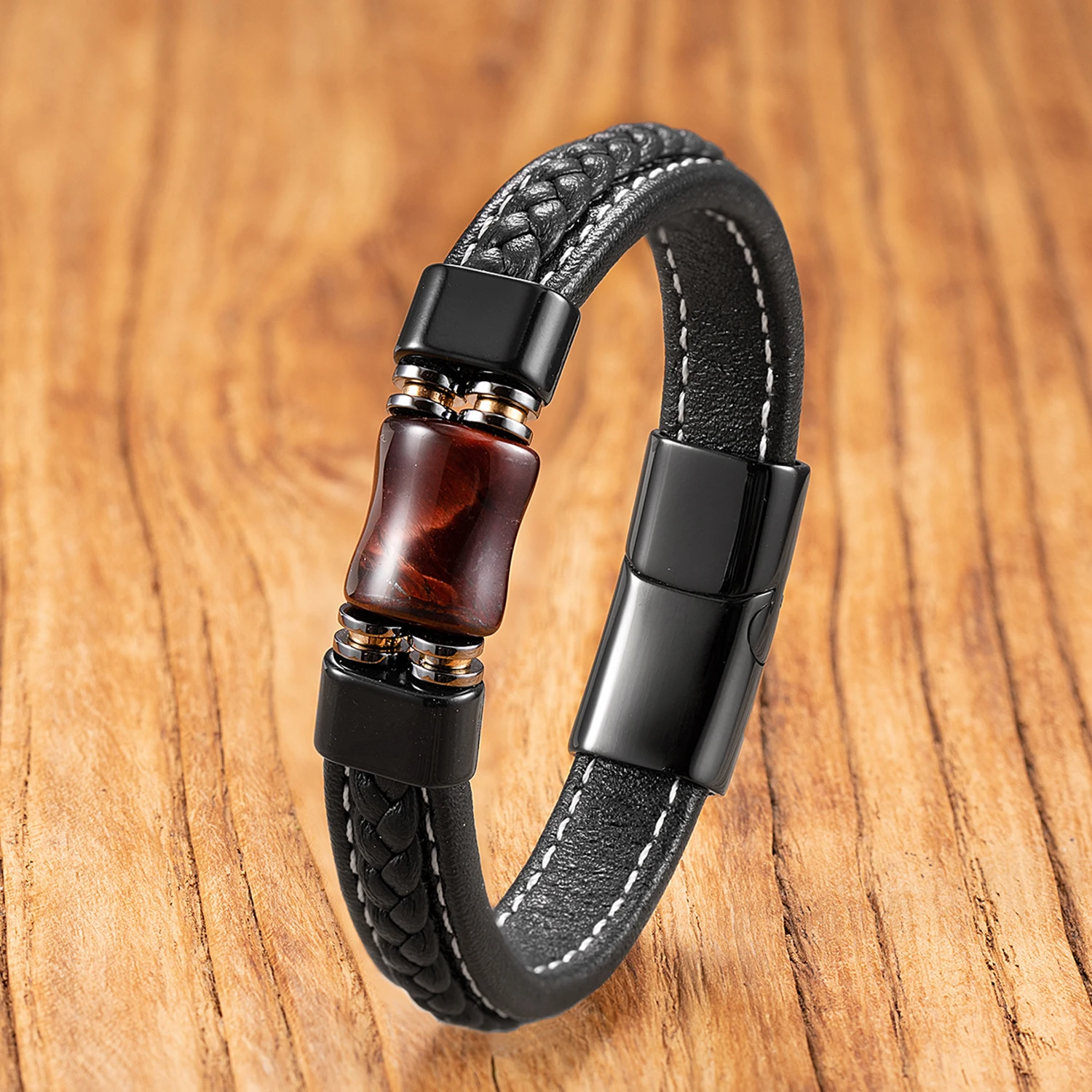 Vintage-Armband aus Achatstein, handgefertigt mit Lederband, einzigartiger Unisex-Boho-Schmuck für den täglichen Gebrauch. – Detail 11