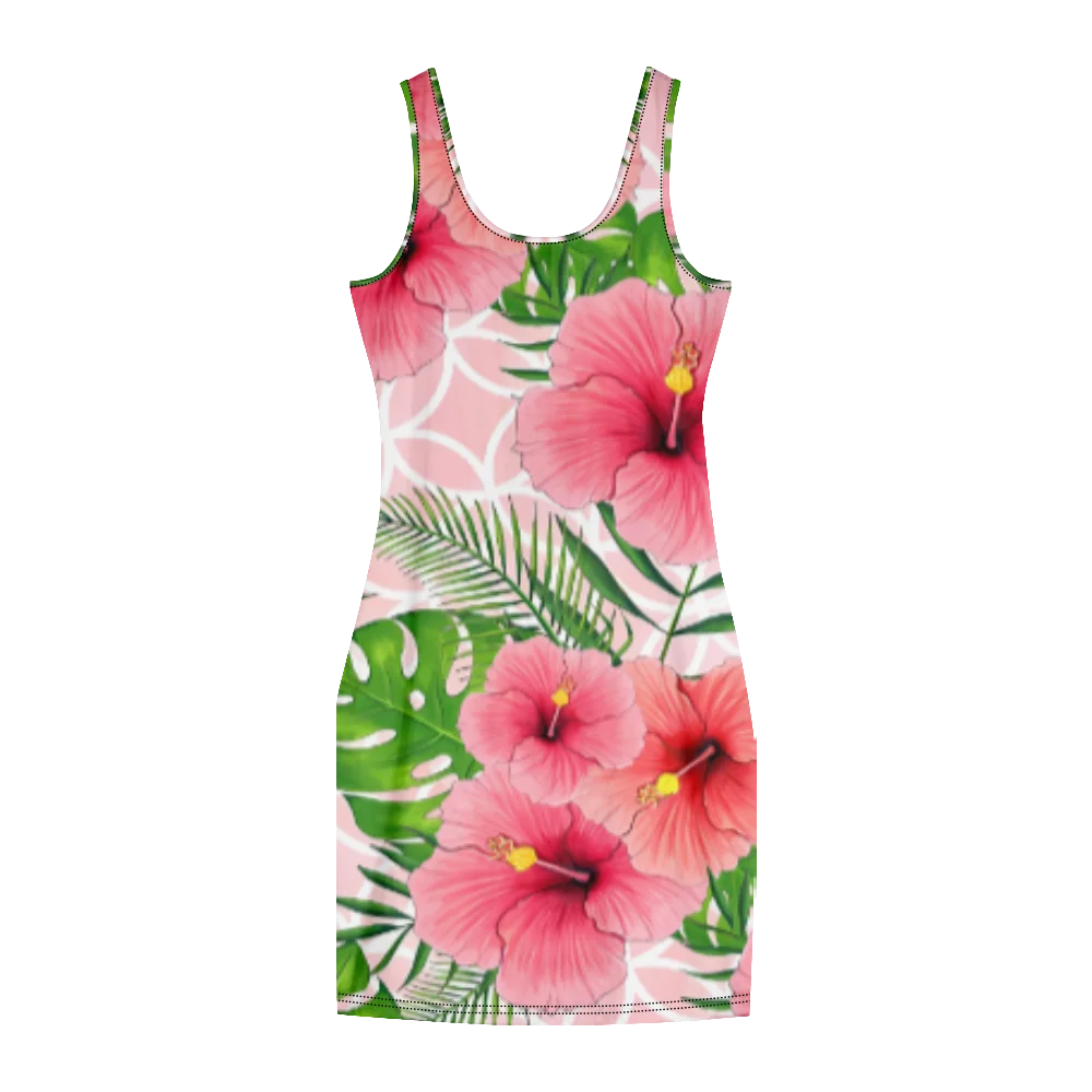 Sexy Ladies Pink Floral Print Crew Neck Sleeveless Sheath Dress Party Girls Casual Dress