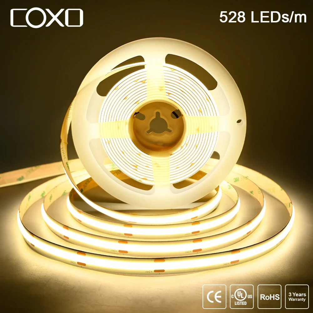 Dimmable COB LED Strip Light 528LEDs/m 16.4ft Flexible RA90 LED Tape 3000K 4000K 6500K Led Lighting 12V 24V For Room Decoration