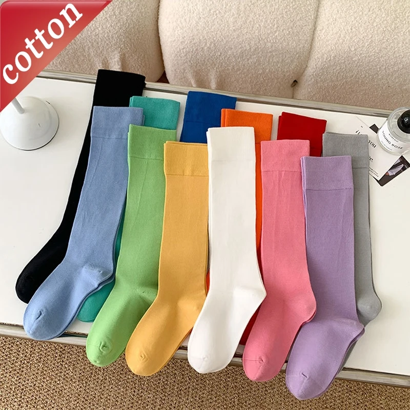 

Женские чулки, корейские однотонные допаминовые модные универсальные носки до середины икры, удобные дышащие носки из чистого хлопка для девочек