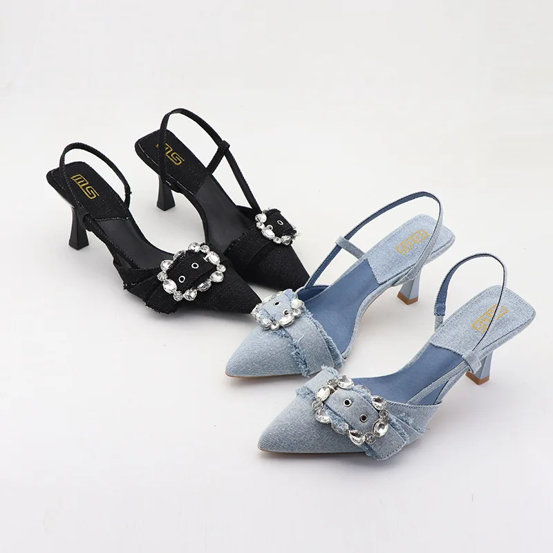 

Pointed high-heeled sandals 2023 autumn Baotou rhinestone square buckle denim women's sandals with stilettos women's shoes