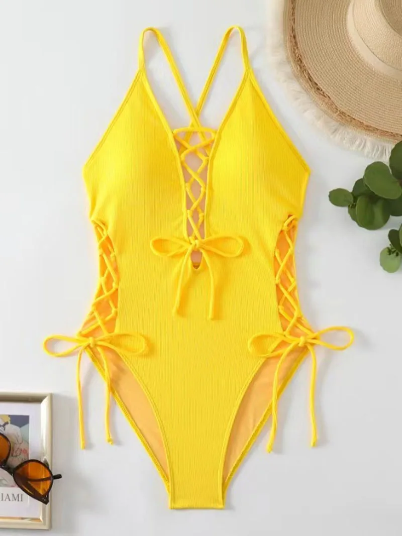 ملابس سباحة نسائية مثيرة بدون ظهر قطعة واحدة عبر الحدود ورقبة رسن على طراز جديد بيكيني مناسب للسباحة وملابس الشاطئ