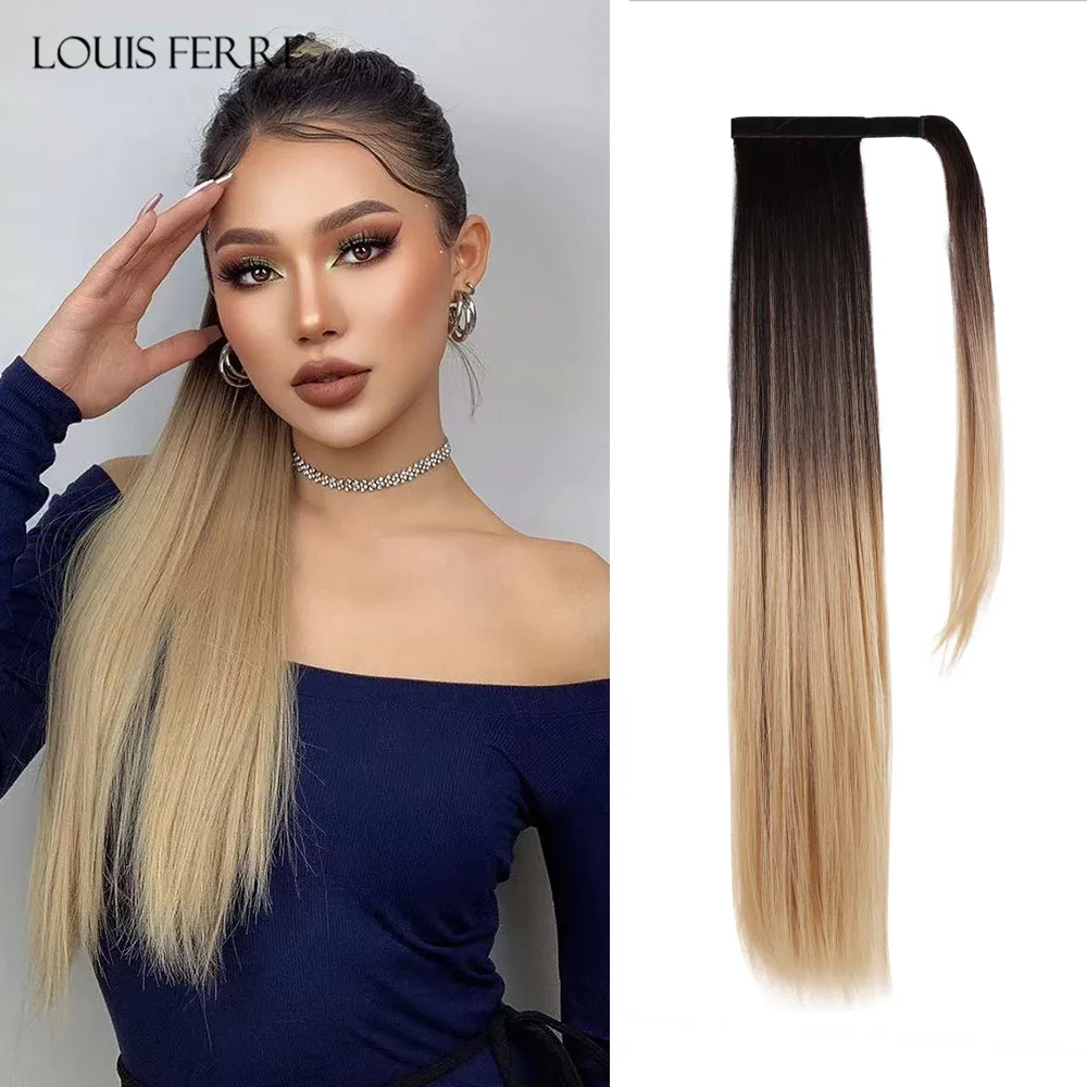 

LOUIS FERRE Straight Ponytail Extension 26 inch Pony Tail Natural Long Ponytails Wrap Around Synthetic Hairpieces for Women Girl