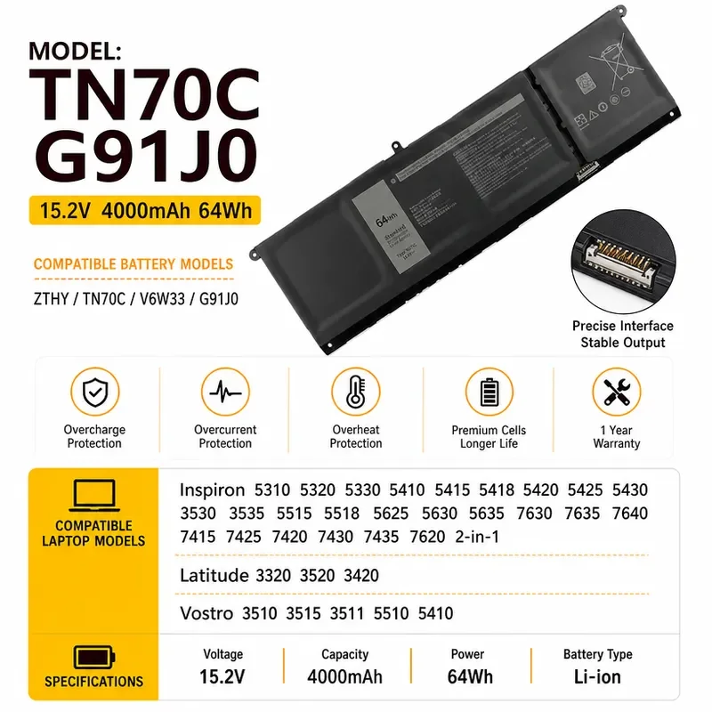 For Dell Latitude 3420 Inspiron 14 Plus 7420 TN70C Rechargeable Laptop Battery High Capacity Replacement Battery