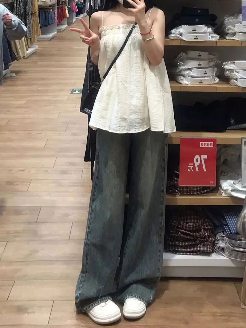 Abiti vintage giapponesi denim donna dritto baggy Y2K nero moda coreana stile Harajuku streetwear vita alta gamba larga