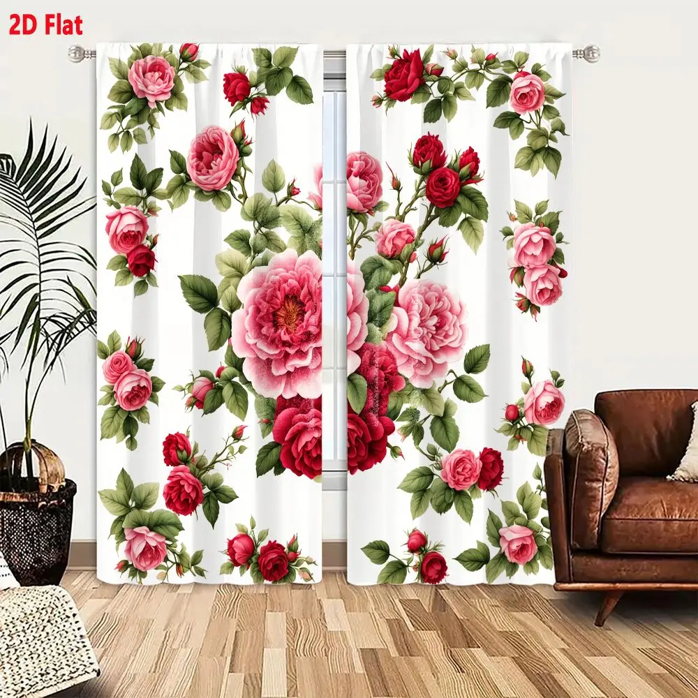 2Pcs Curtains 2D Flat Floral Illustrations With Pink And Red Roses On White Background Window Drapes for Bedroom Room Decor Deco