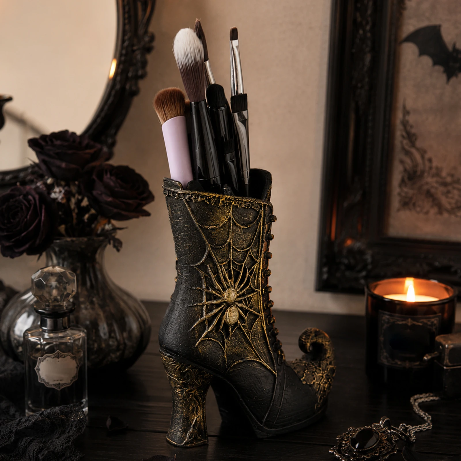 Cross-border Supply Vintage Gold Spider Witch Boot Makeup Brush Holder Gothic Resin Pen Container Halloween Vanity Decor Ornamen