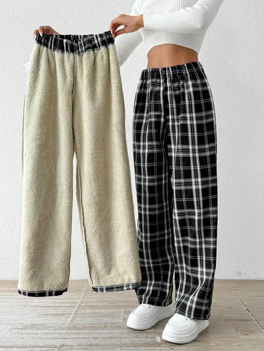 

Women's Plaid & Fleece-Lined Elastic Waist Wide Leg Pants for Autumn Winter