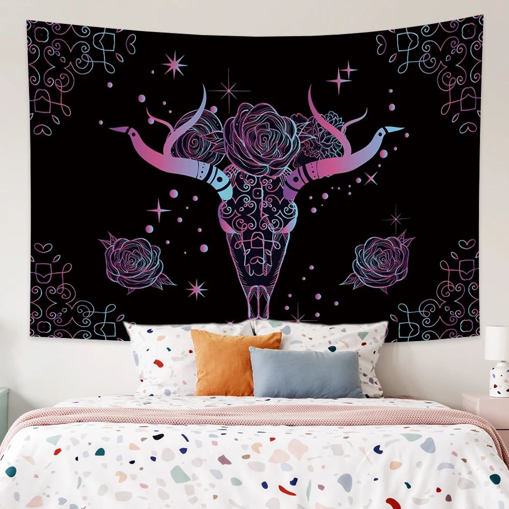 Psychedelic Deer Head Antlers Flower Tapestry Wall Hanging Carpet For Bedroom Living Room Dorm Tapestries Art Home Decoration