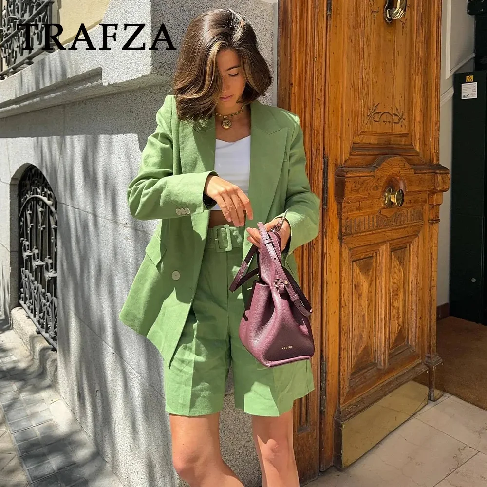 TRAFZA 2024 wiosna lato Office Lady jednolite garnitury moda Streetwear kieszenie wzruszając ramionami dwurzędowe marynarki + szorty z szarfami na