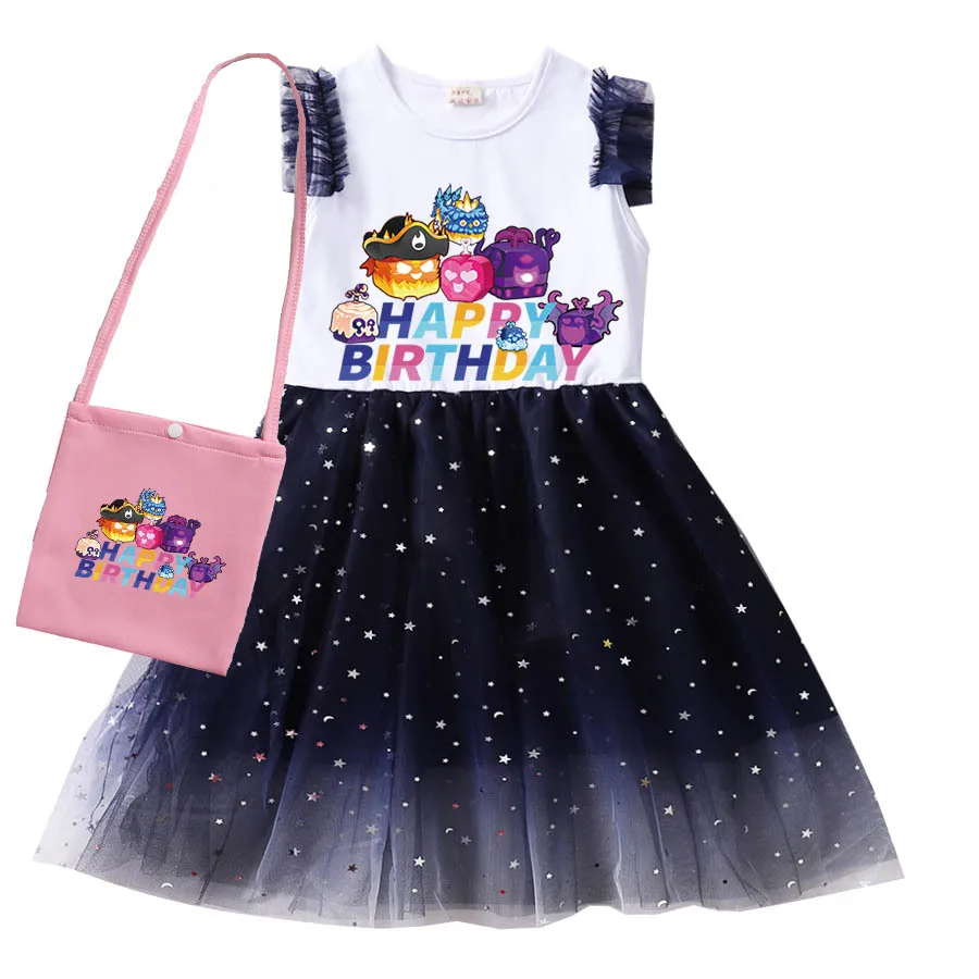 Kids Girls Cartoon Blox Fruits Dress Summer Clothes Sleeveless Mesh Princess Dresses Baby Flower Cartoon Birthday Party Vestidos