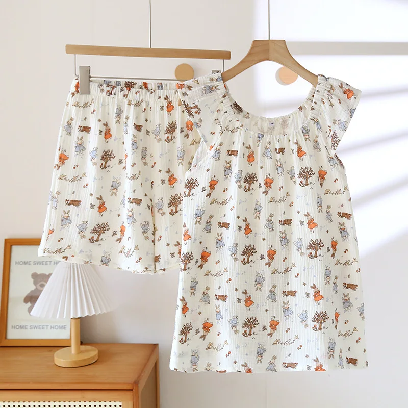 Summer Sleeveless Women's Sleepwear Set Home Clothes Small Lace Trim Top And Shorts Outfit Lightweight Cloud Cotton Nightgown