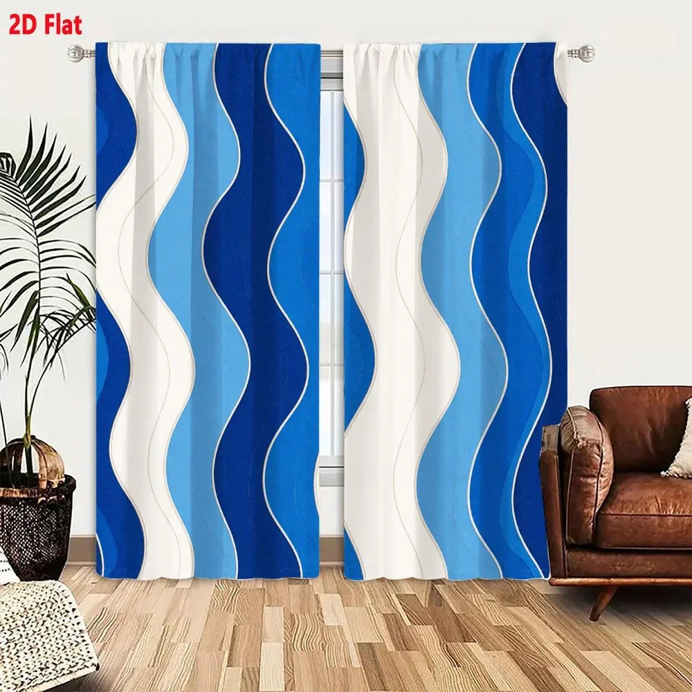 Modern Blue and White Wave Pattern Curtains for Living Room Bedroom Home Decor Light Filtering Curtains