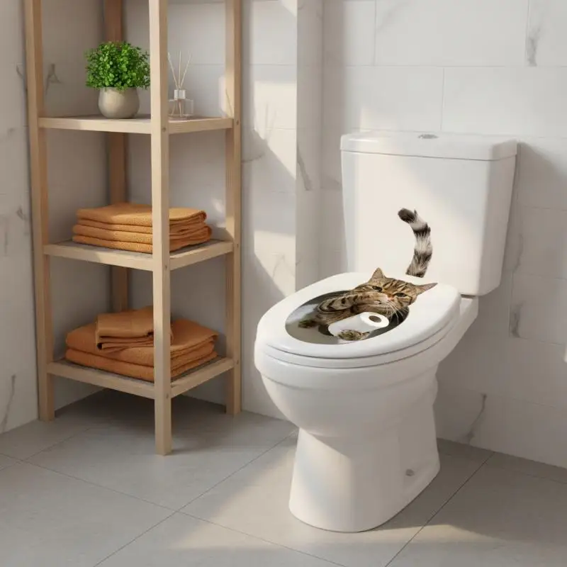 Funny Cat Hold Paper Covering Nose Toilet Sticker Bathroom Toilet Cover Sticker Home Bathroom Decoration