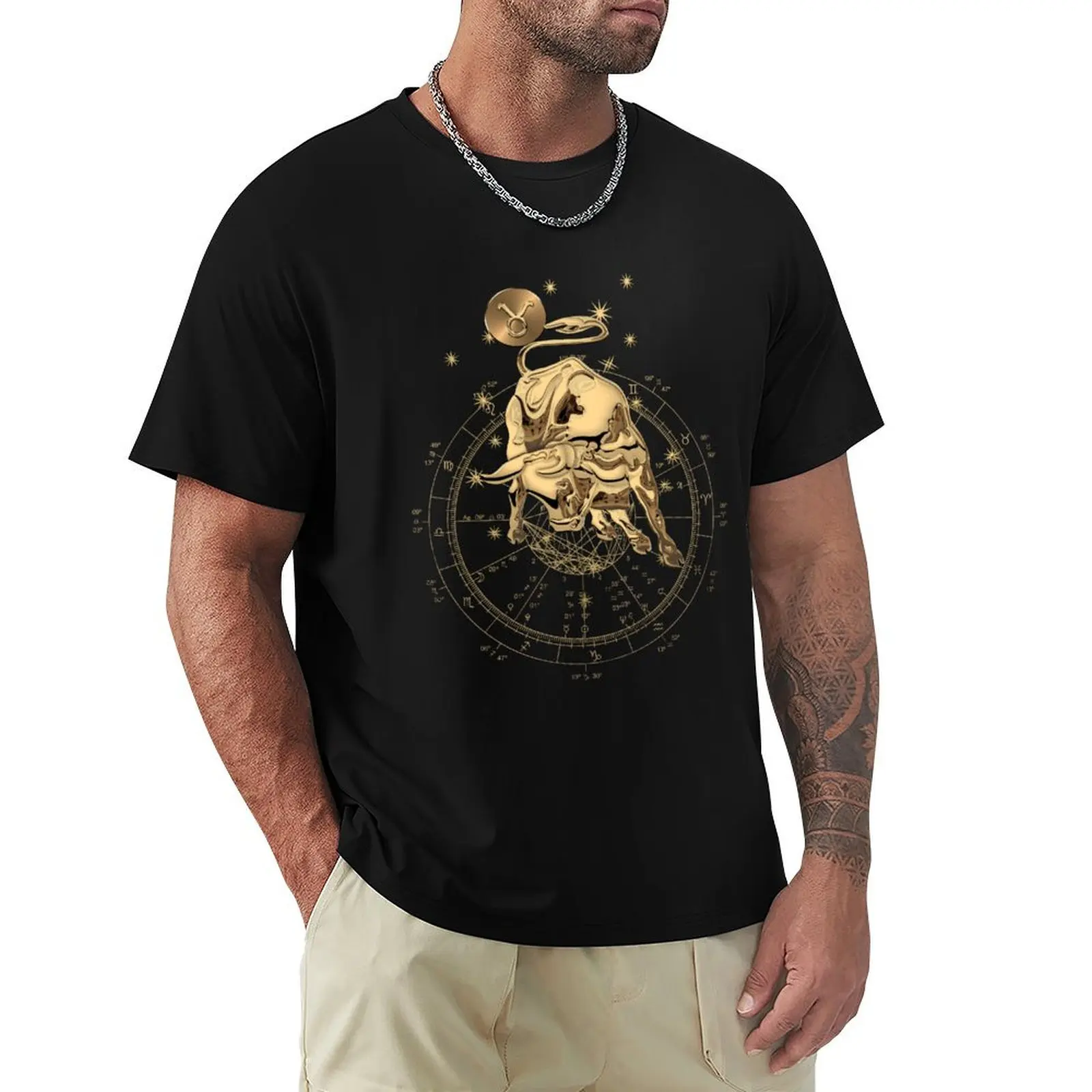 Western Zodiac - Golden Taurus - The Bull on Black Canvas T-Shirt Sweat Absorbing Sports Tee Shirt