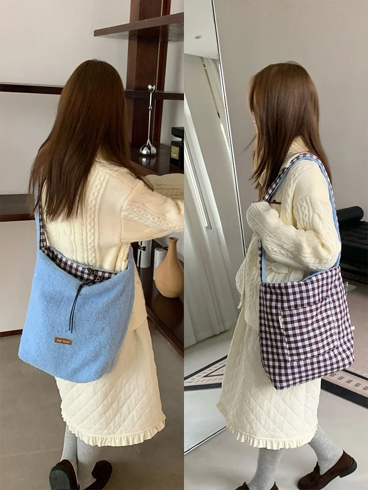 

Lazin Sle шерстяная сумка-мешок через плечо для пригородных поездок двусторонняя винтажная сумка-ведро женская сумка оригинального дизайна Faion Bag