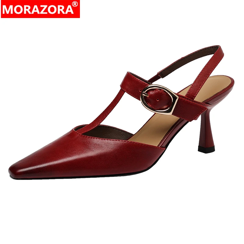 

MORAZORA Ins Fashion Genuine Leather Sandals Women Shoes T-Strap Handmade High Heels Sandals Summer Party Wedding Shoes