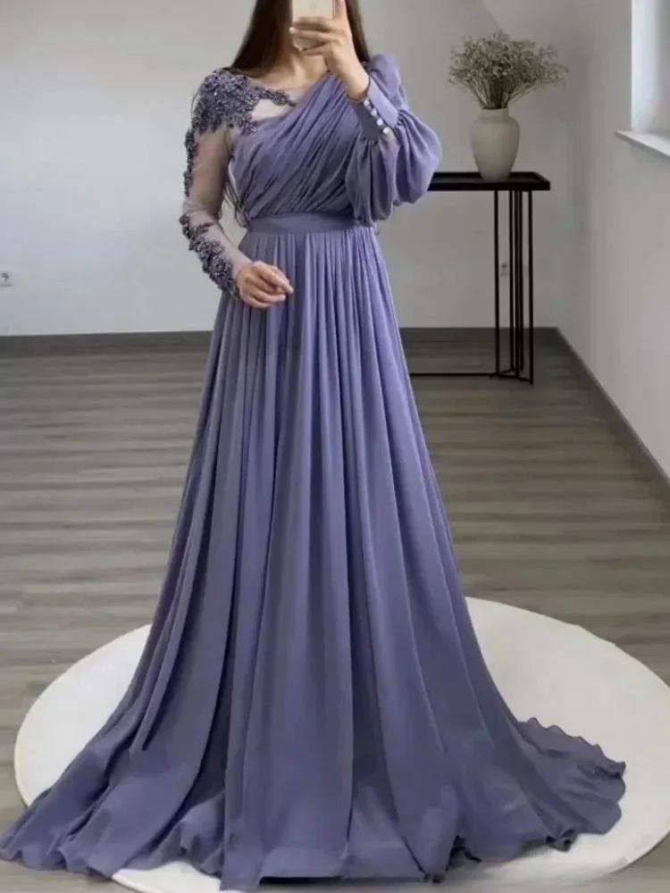 

AN42 Customized Elegant Women Evening Dresses V Neck Applique Crystal A Line Chiffon Prom Party Dress Long Sleeve Mother's Gown