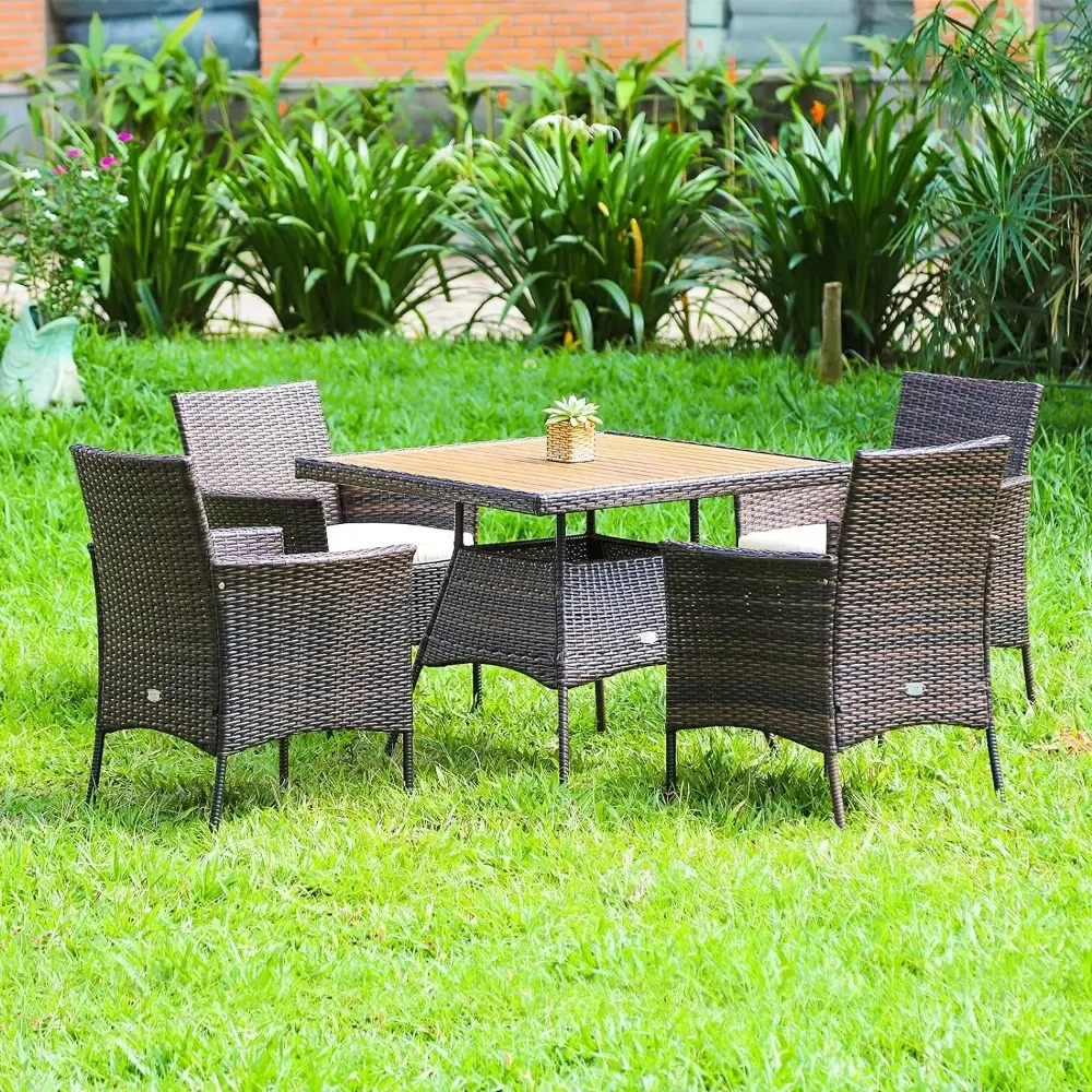 5 Pieces Wicker Patio Dining Set, Outdoor Acacia Wood Dining Furniture with 4 Armrest Chairs & 1 Dining Table, Rattan Set