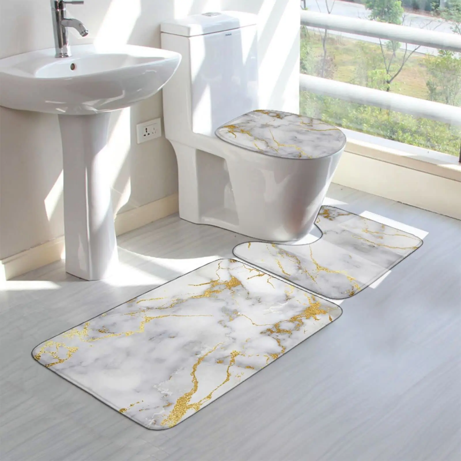 

Мраморный ковер для ванной комнаты, набор из трех предметов, чехол для унитаза, коврик для ног, декоративный коврик для ванной комнаты, нескользящий, водопоглощающий, толстый и удобный