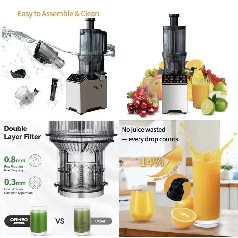 Electric Stainless Steel Masticating Juicer 350ml Capacity Low Noise Big Mouth for Home & Outdoor Use
