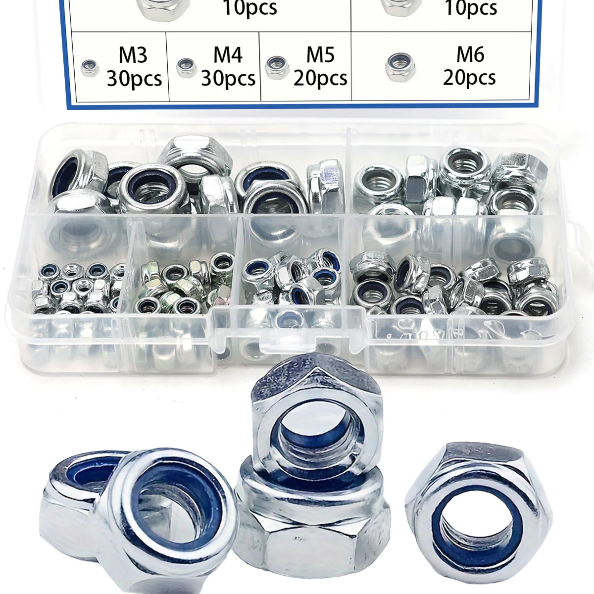 120 Uds casquillos galvanizados, tuercas de aflojamiento hexagonales, casquillos de nailon, tuercas de bloqueo, tuercas autoblocantes hexagonales