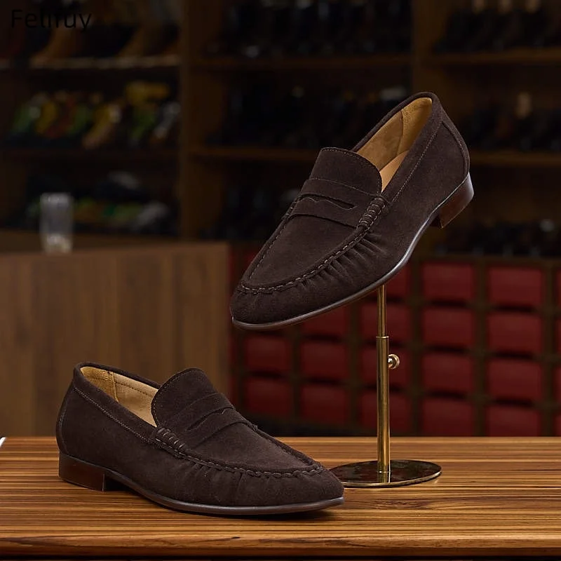 Men’s  Pleated Flat Loafers Cow Suede Genuine Leather Spring Slip on Flats Slides Casual Loafers Round Toe Concise Walking Shoes
