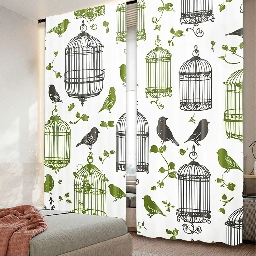 2Pcs Vintage Curtain Antique Birdcages On Ivy Leaf Love Couple Escape Freedom Suitable For Bedroom Bathroom Living Room Dining