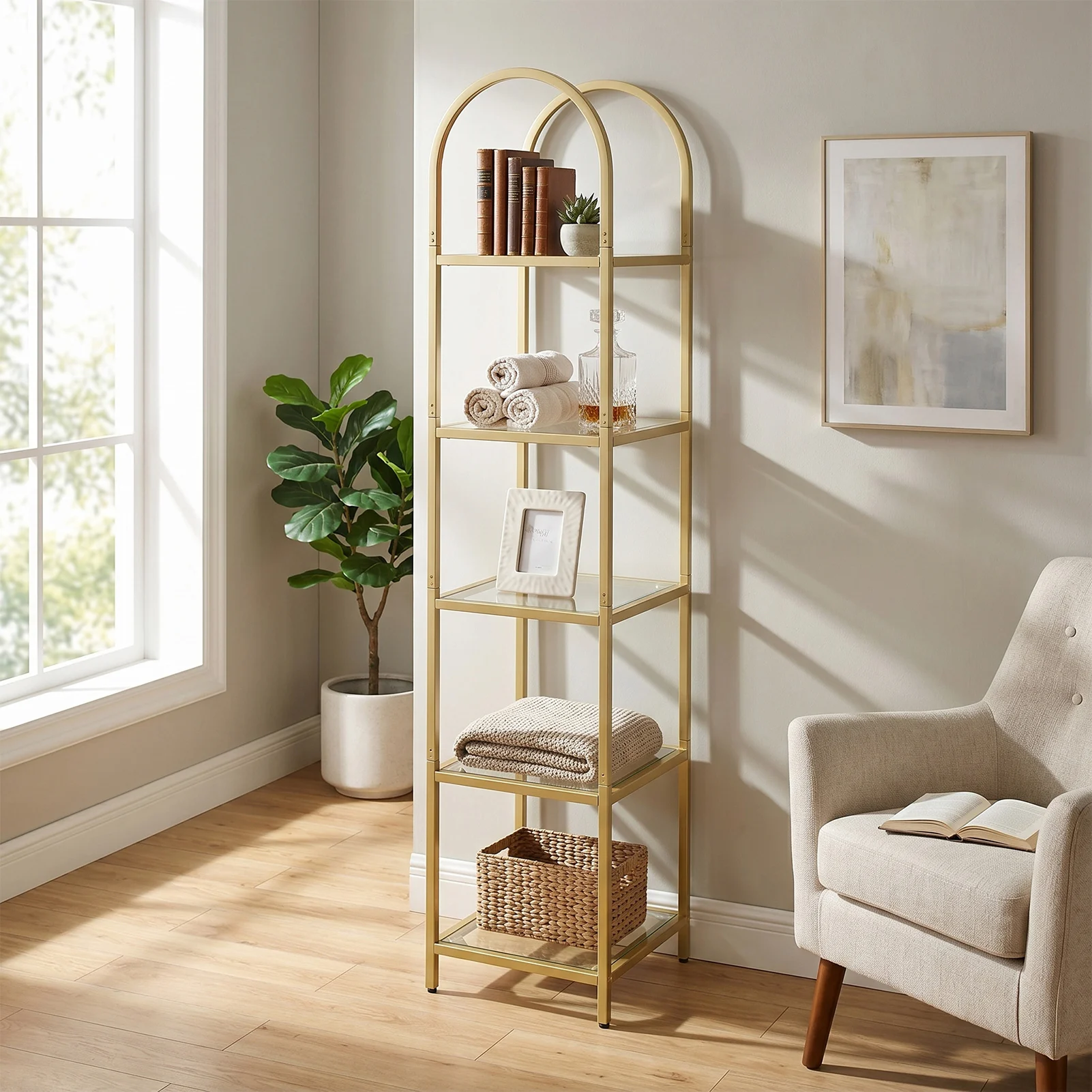 5 Tier Open Bookshelf Metal Tempered Glass Modern Tall Bookcase Display Storage Shelf Rack for Home Gold Bookcase Storage Shelf