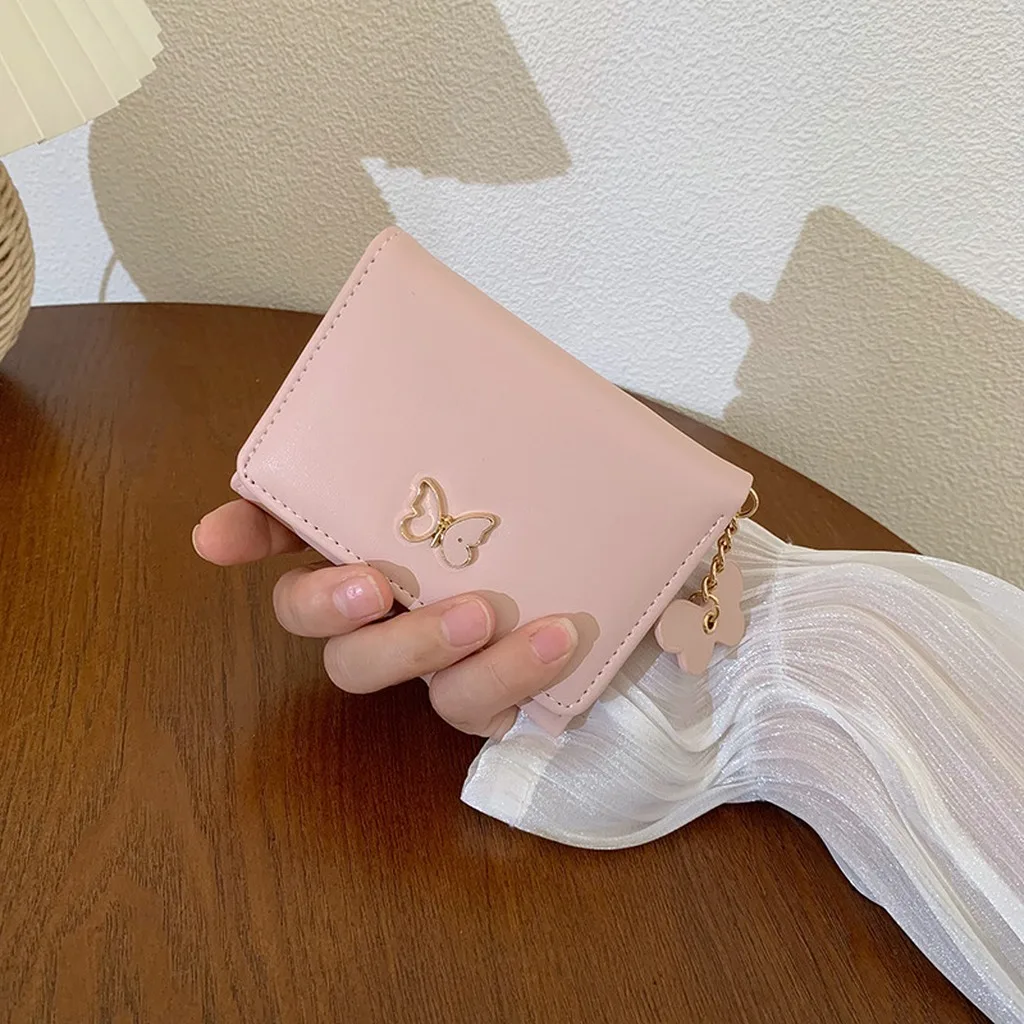 Women's Short Wallet PU Leather Trifold Purse Butterfly Decor Card Case Compact Mini Coin Organizer Trendy Fashion Small Clutch