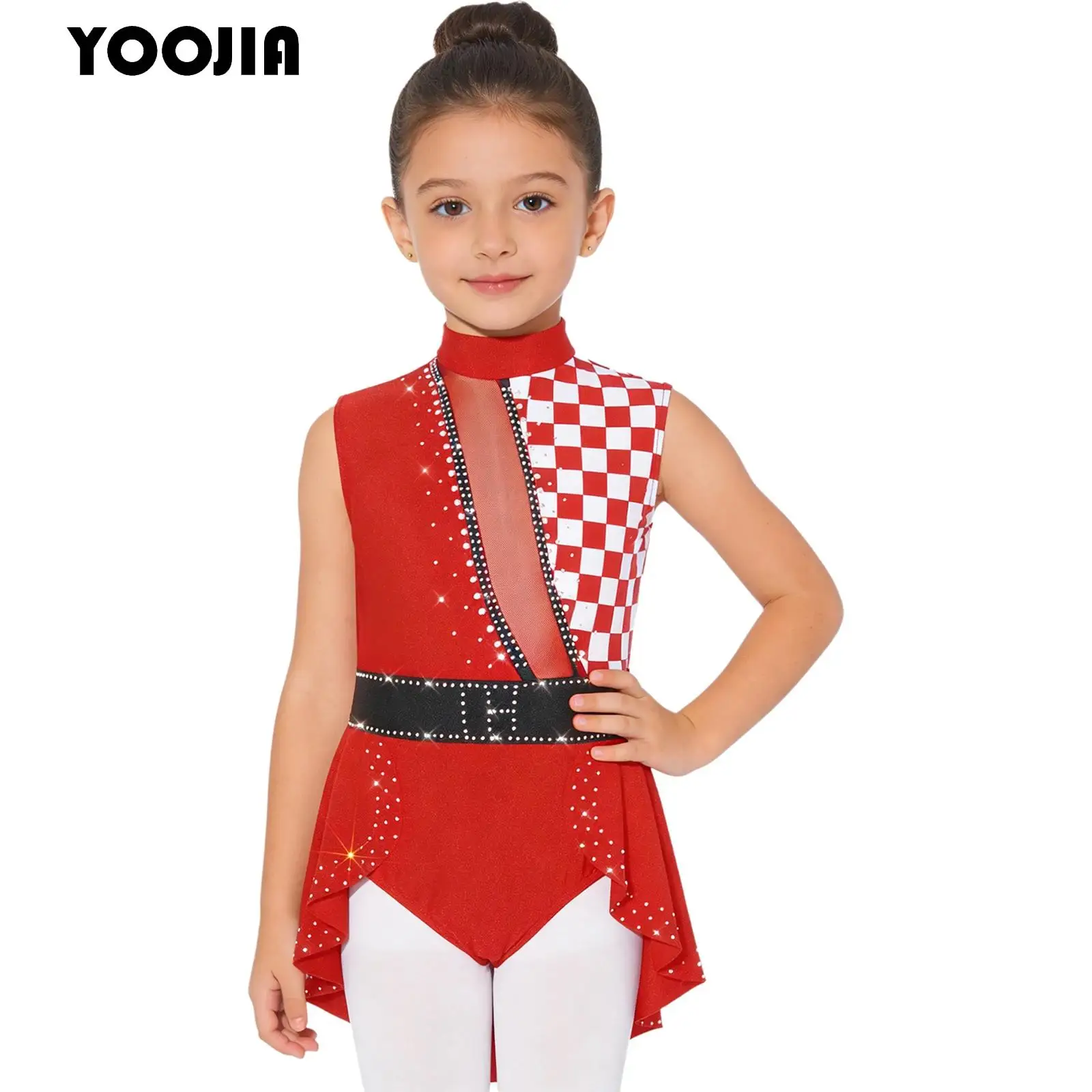 Girls Halloween Circus Clown Jumpsuit Fancy Ringmaster Bodysuit Sleeveless Rhinestones Ruffle Skirt Checkerboard Print Leotard
