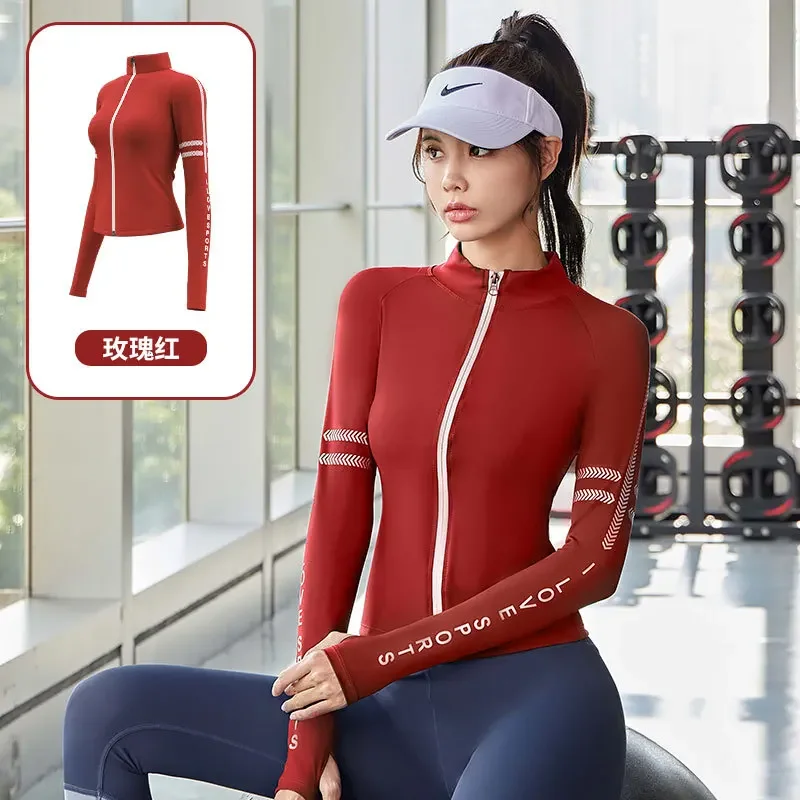 Jaket olahraga wanita, baju luar kebugaran cepat kering, jaket olahraga wanita, kaus lari, lubang jempol, motif huruf Yoga, ritsleting, jaket olahraga wanita