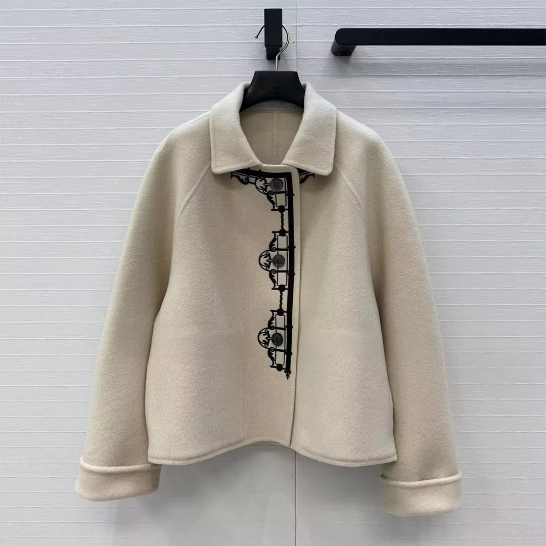 2026 New Fall Winter Retro Totem Embroidery Double-sided Woolen Coat Women Lapel Long Sleeve Single Breasted Elegant Chic Jacket