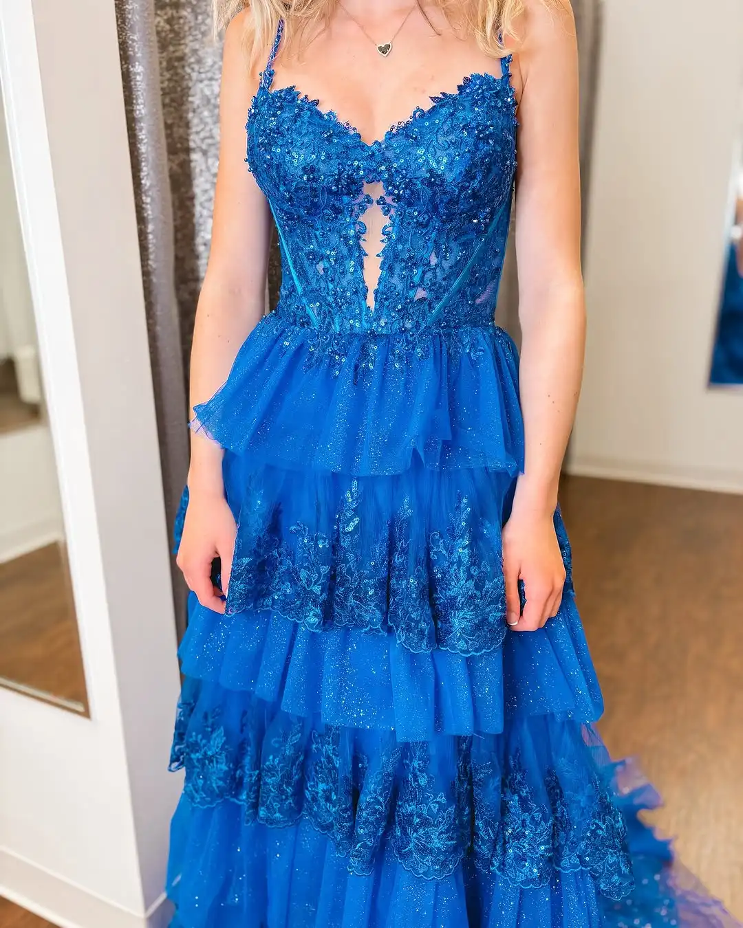Royal Blue Tiered Lace Appliques Corset Prom Dresses Long for Women 2025 Spaghetti Straps Ruffle Formal Evening Gowns Customized