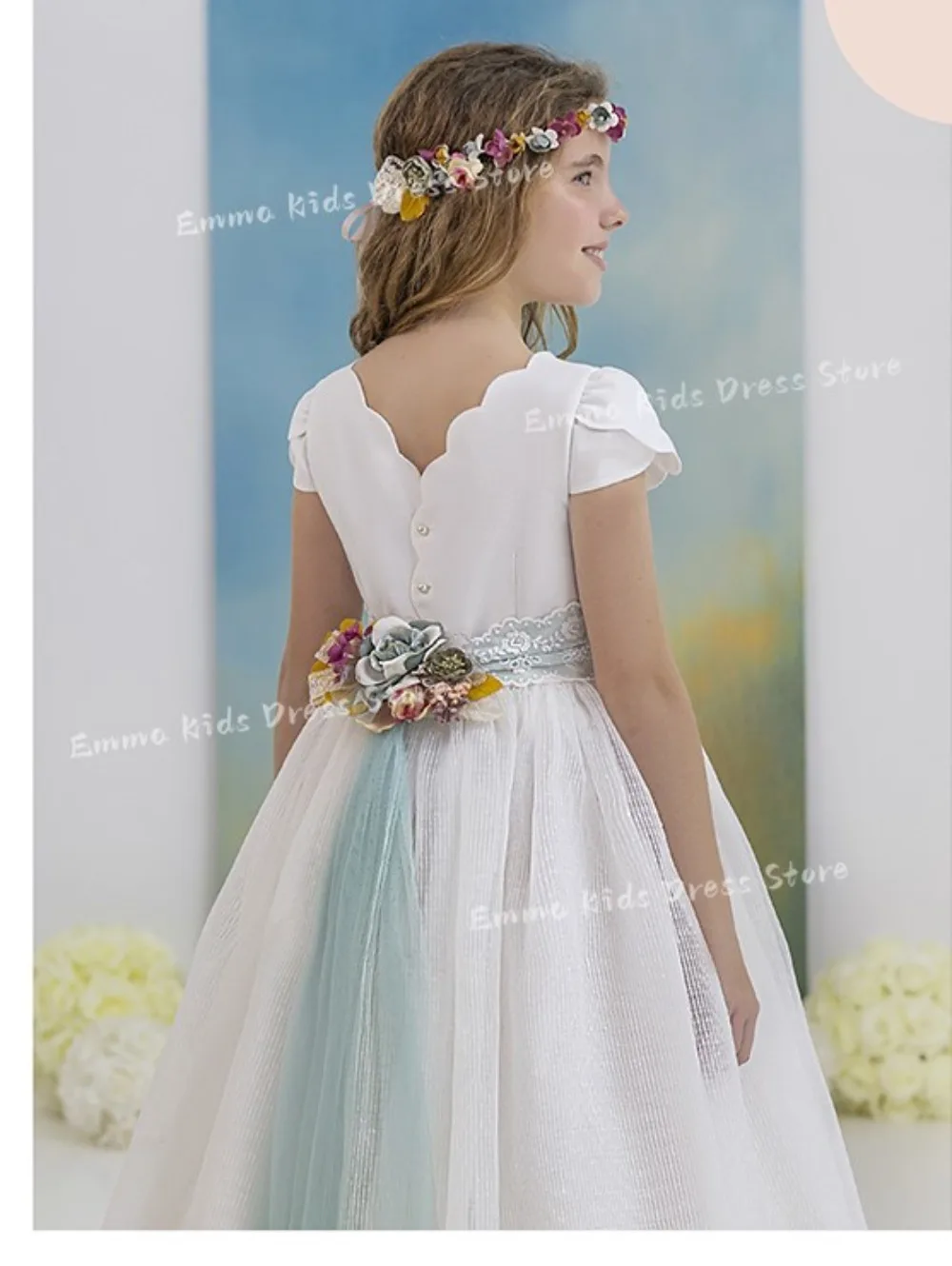 

DROIS Custom Elegant Pure White Children's Flower Girl Dress Communion Dress withBlueWaistband Girl's Wedding Birthday Dress ...