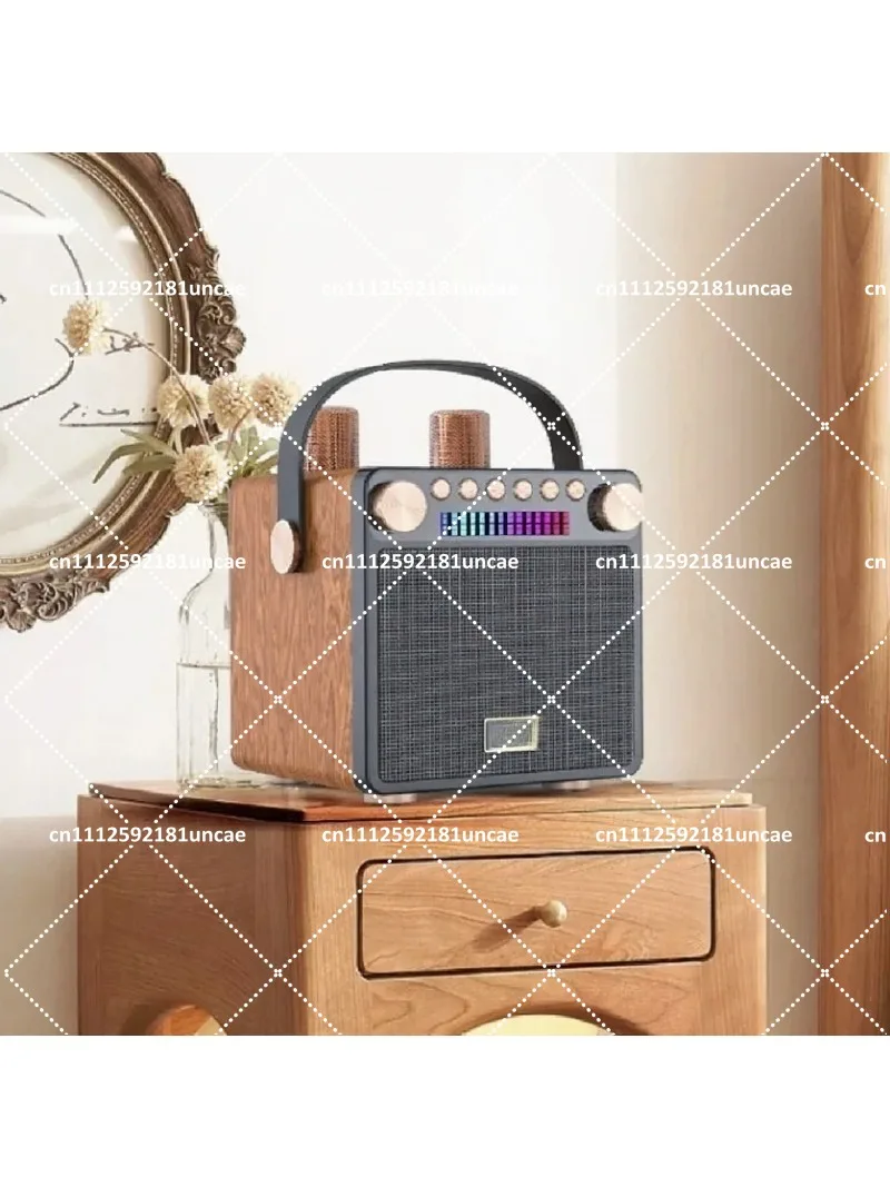 Retro Wooden Portable Bluetooth Speaker with Dual Microphones & RGB Light for Home Outdoor Karaoke