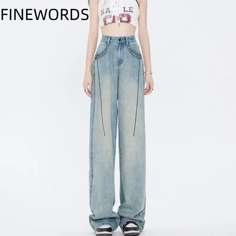 FINEWORDS Vintage High Waist Beading Jeans Women Korean Casual Streetwear Korean Harajuku Jeans Loose Straight Blue Denim Pants