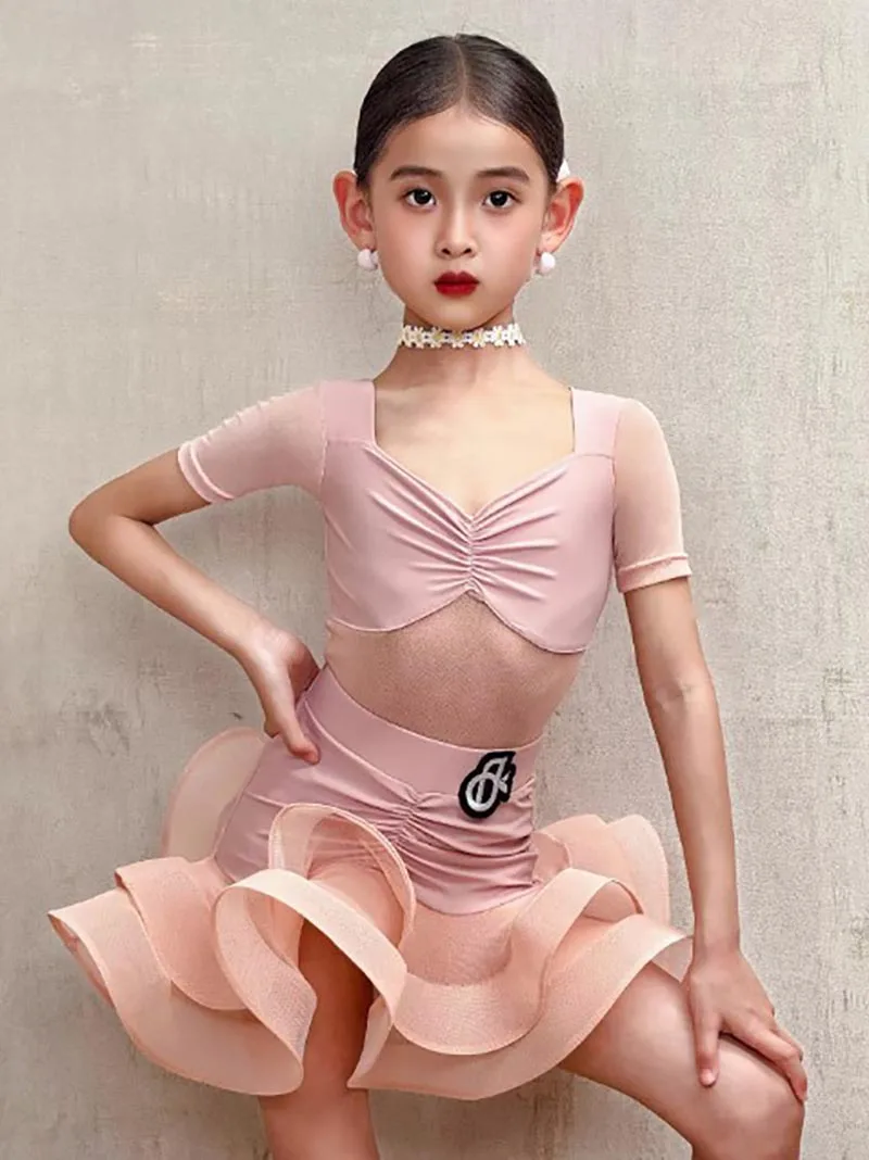 Kinderen Latin Dance Training Jurk Kinderen Meisjes Plooien Body en Dubbellaags Mesh Rok Samba Ballroom Competitie Danskleding