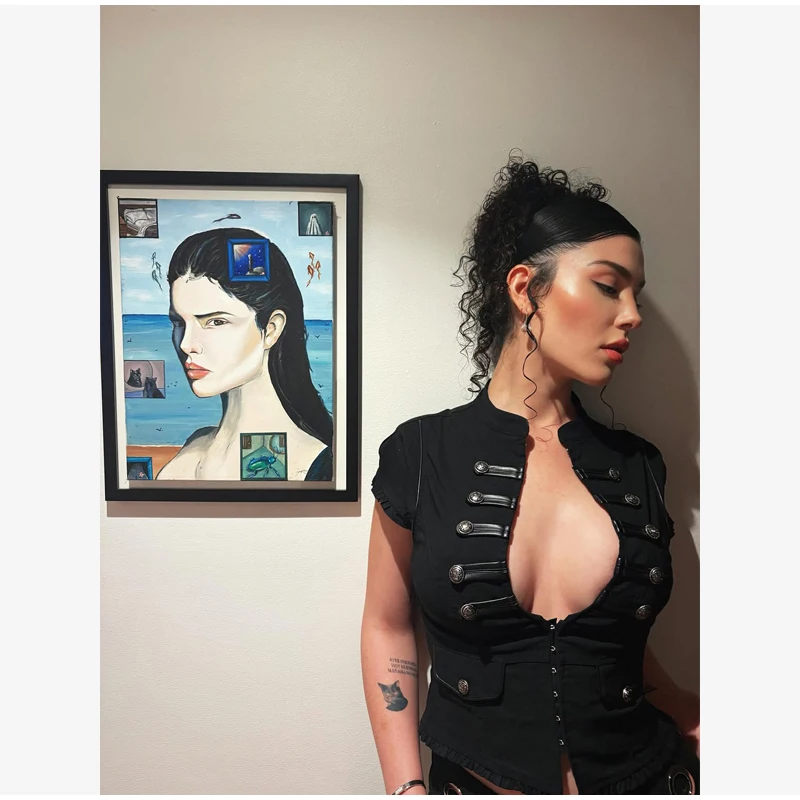 Black Gothic Punk Crop Top Women Stand Collar Buttons Deep V Cutout Short Sleeve Y2k Steampunk Club Party Streetwear Slim Top