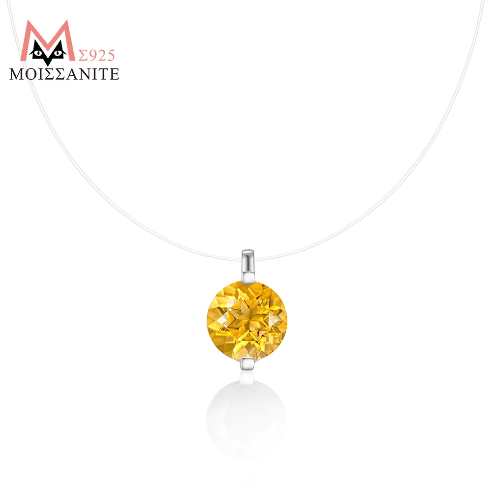 

JIUZUAN 05/1/2/3ct Round Citrine Pendant Necklace S925 Silver Invisible Wire Minimalist Style Daily Necklace
