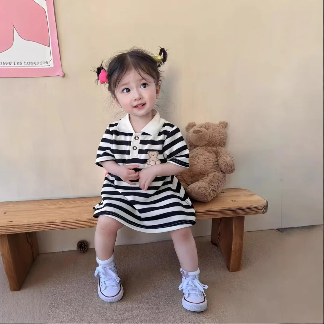 2026 Neues koreanisches Kinderkleid, Mädchen Sommer Casual Cartoon Gestreiftes Kurzarm-Prinzessinnenkleid mit Revers – Detail 39