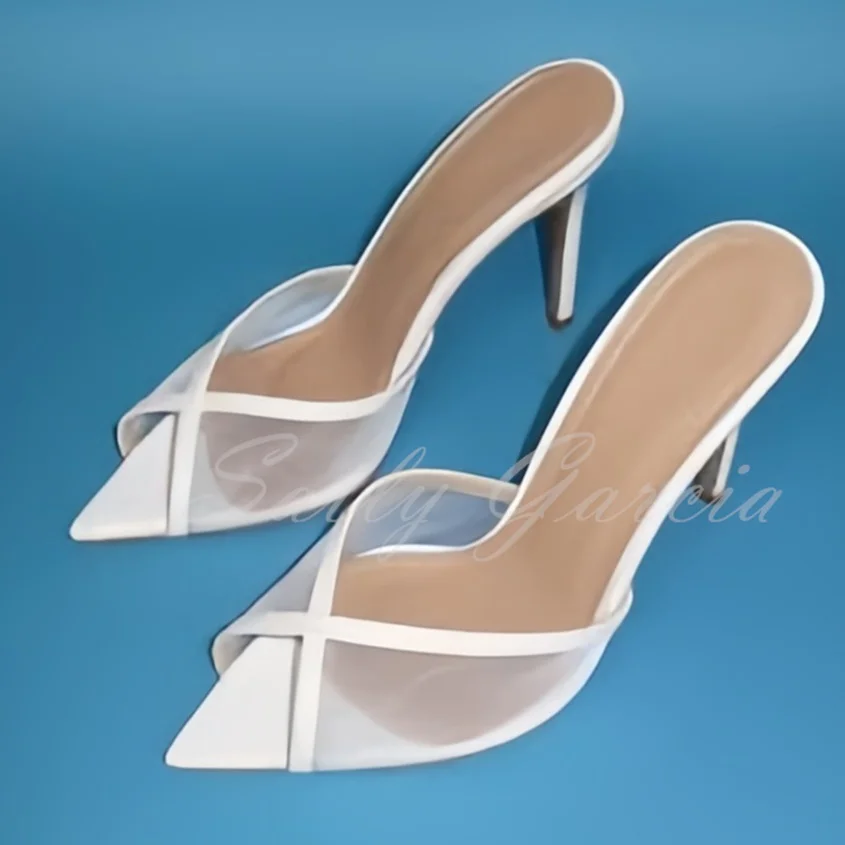 شبكة بيضاء عالية الكعب النعال النساء أشار تو كعب ستيليتو بلون أنيق الصيف جديد الانزلاق على فستان الحفلات البغال #3