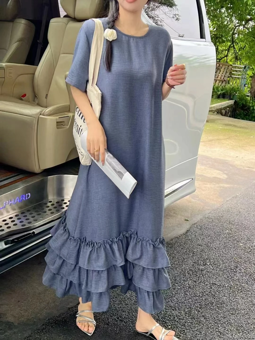 Vestido casual solto de manga curta f, vestido longo fino de verão com gola redonda, bainha de renda dupla camada, efe...