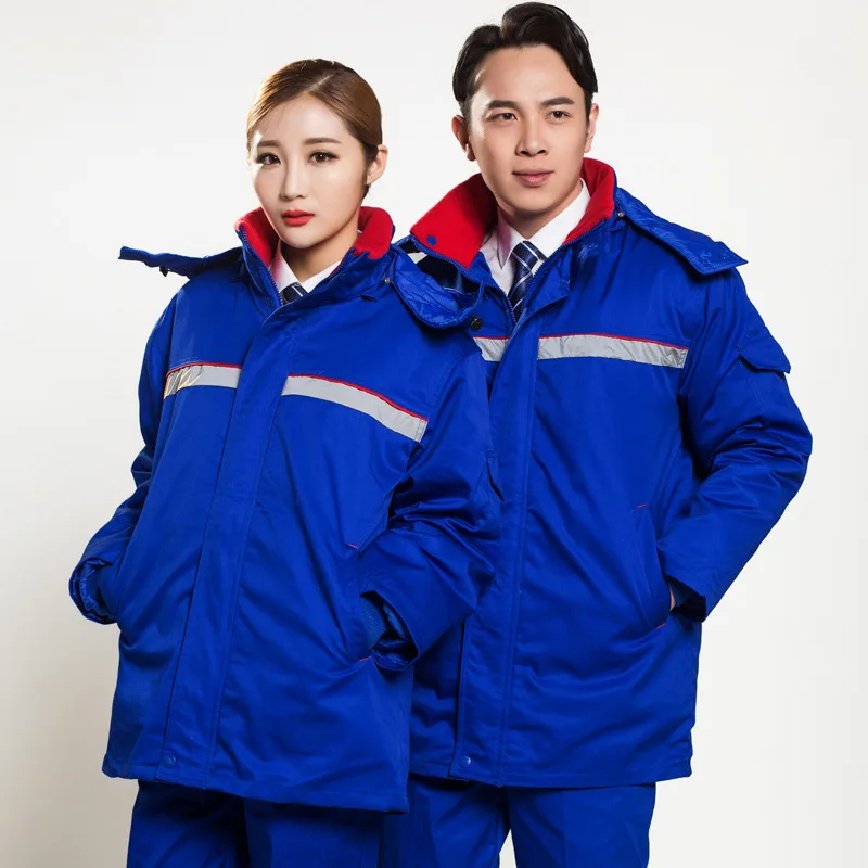 Winter Work Clothes Hi Vis Cotton Padded Thermal Hooded Jacket Trousers Warm Anti Static Gas Station Working Uniform Coveralls