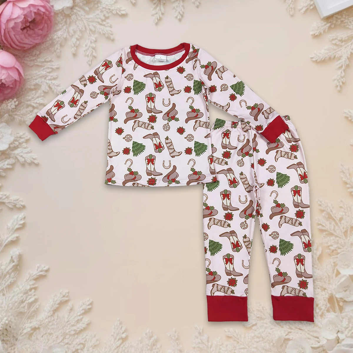 

Hot Sale Cute Baby Girls Pajamas Set Clothes Boots Holly Print Long Sleeve Tops Pants Kids Sleepwear Toddler Children Nightwear