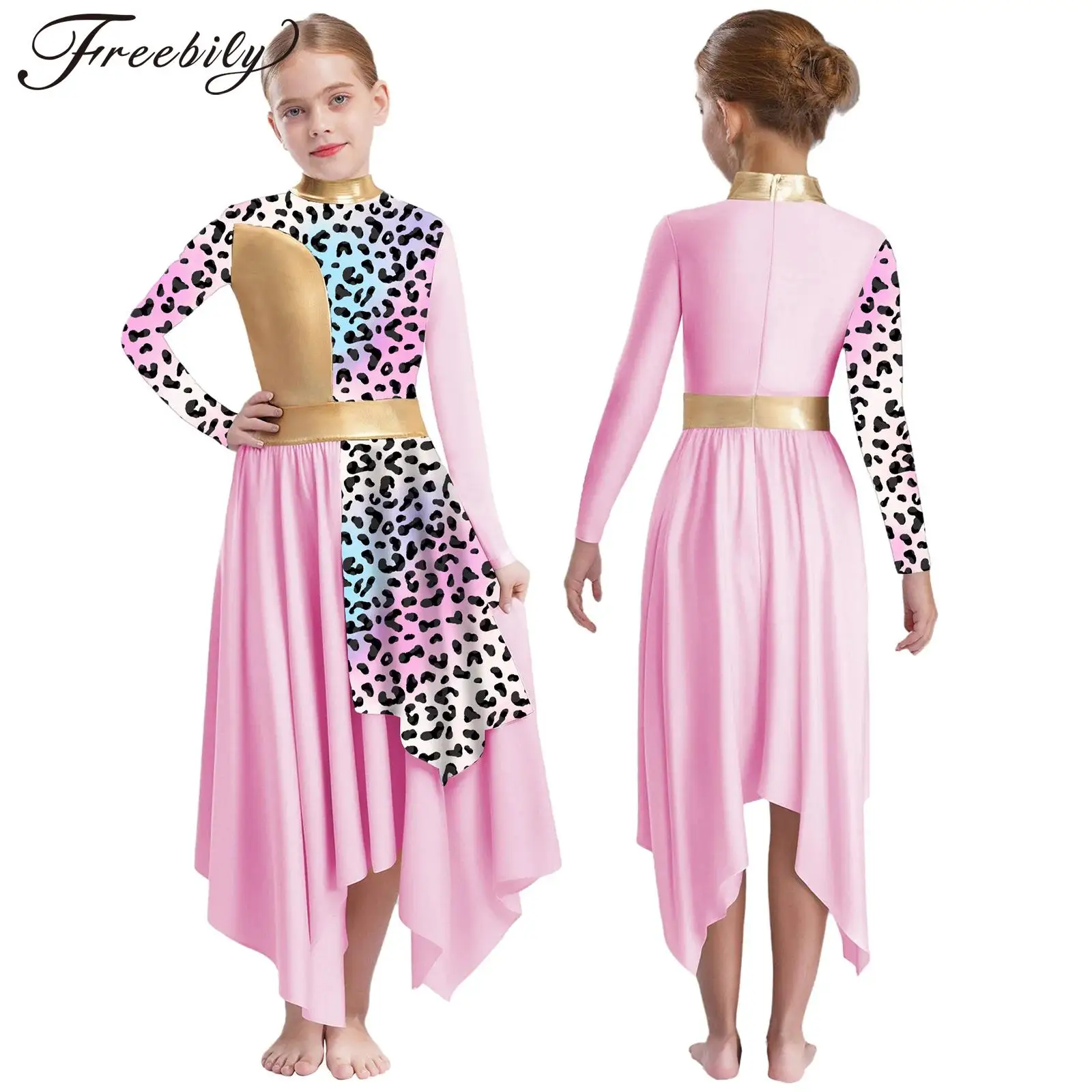 Kids Girls Modern Lyrical Dance Performance Costume Long Sleeve Print Dress Church Choir Robe Liturgical Worship Praise Gown
