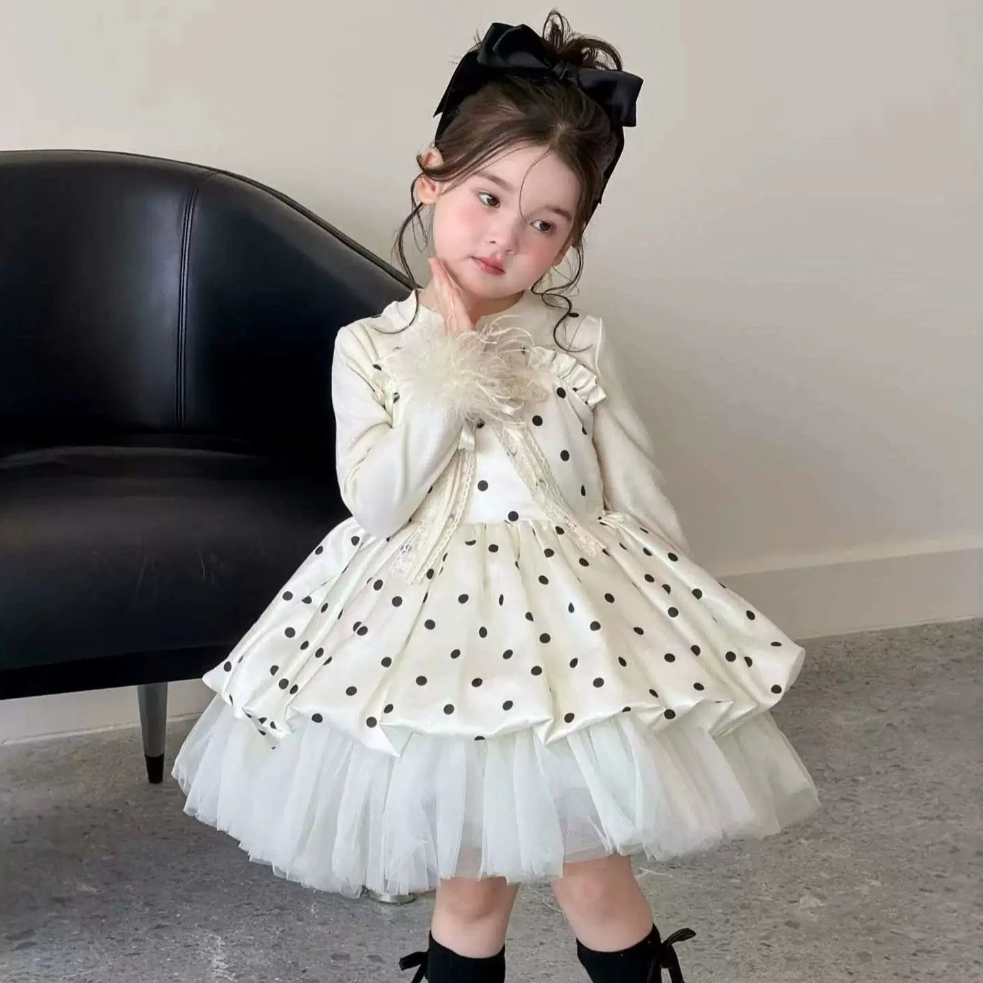 Girls Suit 2026 Autumn and Winter New Childrens Wear Baby Girl Temperament Feather Bottom Shirt Poky Dot Princess Dress Two Sets