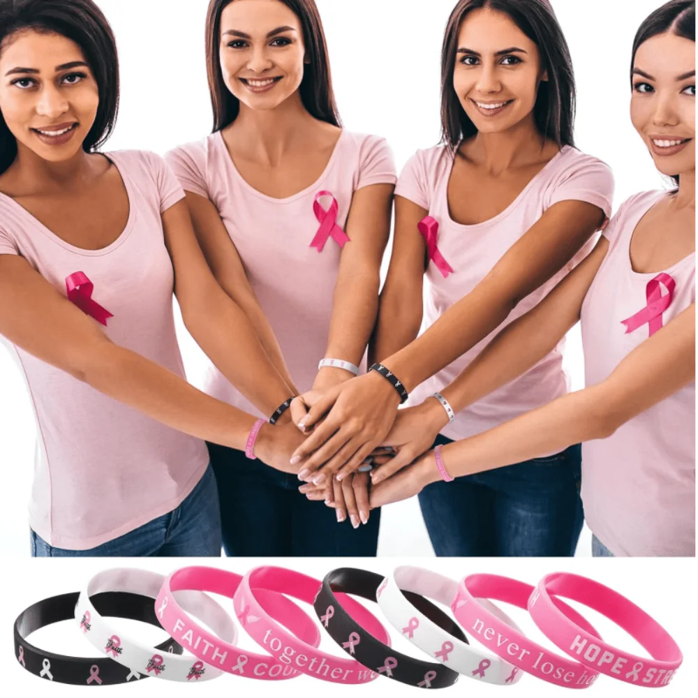6/8PCS Silicone Breast Cancer Awareness Bracelets Hope Faith Silicone Wristband Strength Courage Inspiring Bracelets