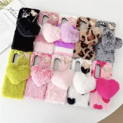 For Samsung Galaxy Z Fold 6 5 4 3 zfold6 ZFOLD5 5G Korea Fashion Cute Fluffy Plush Love Heart Pendant Sot Fur Phone Case Cover